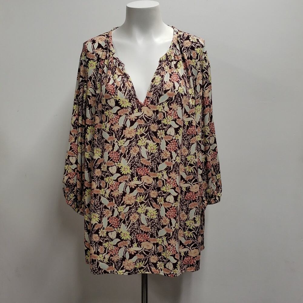 Ava & Viv Split Neck Boho Floral Long Sleeve Tunic Top Women's 1X